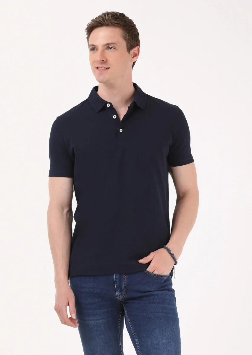 Lacivert Jakarlı Polo Yaka %100 Pamuk T-Shirt - 2