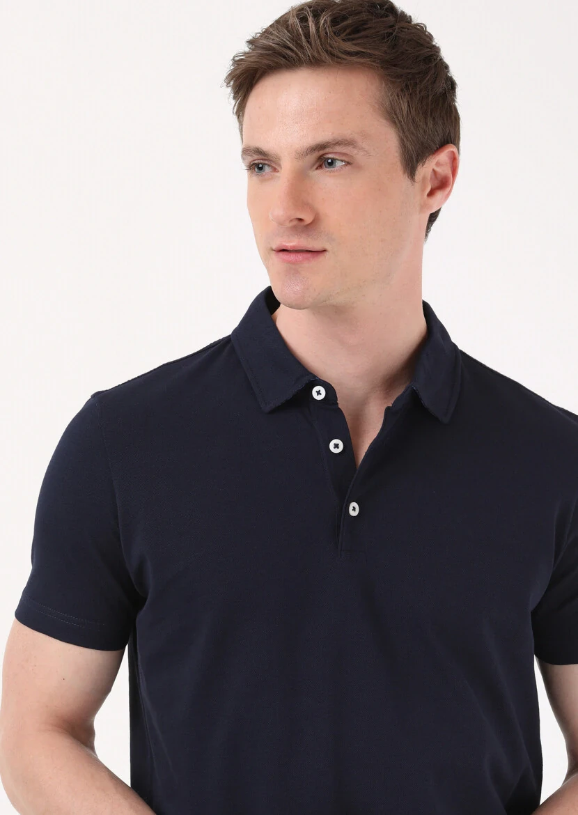 Lacivert Jakarlı Polo Yaka %100 Pamuk T-Shirt - 3