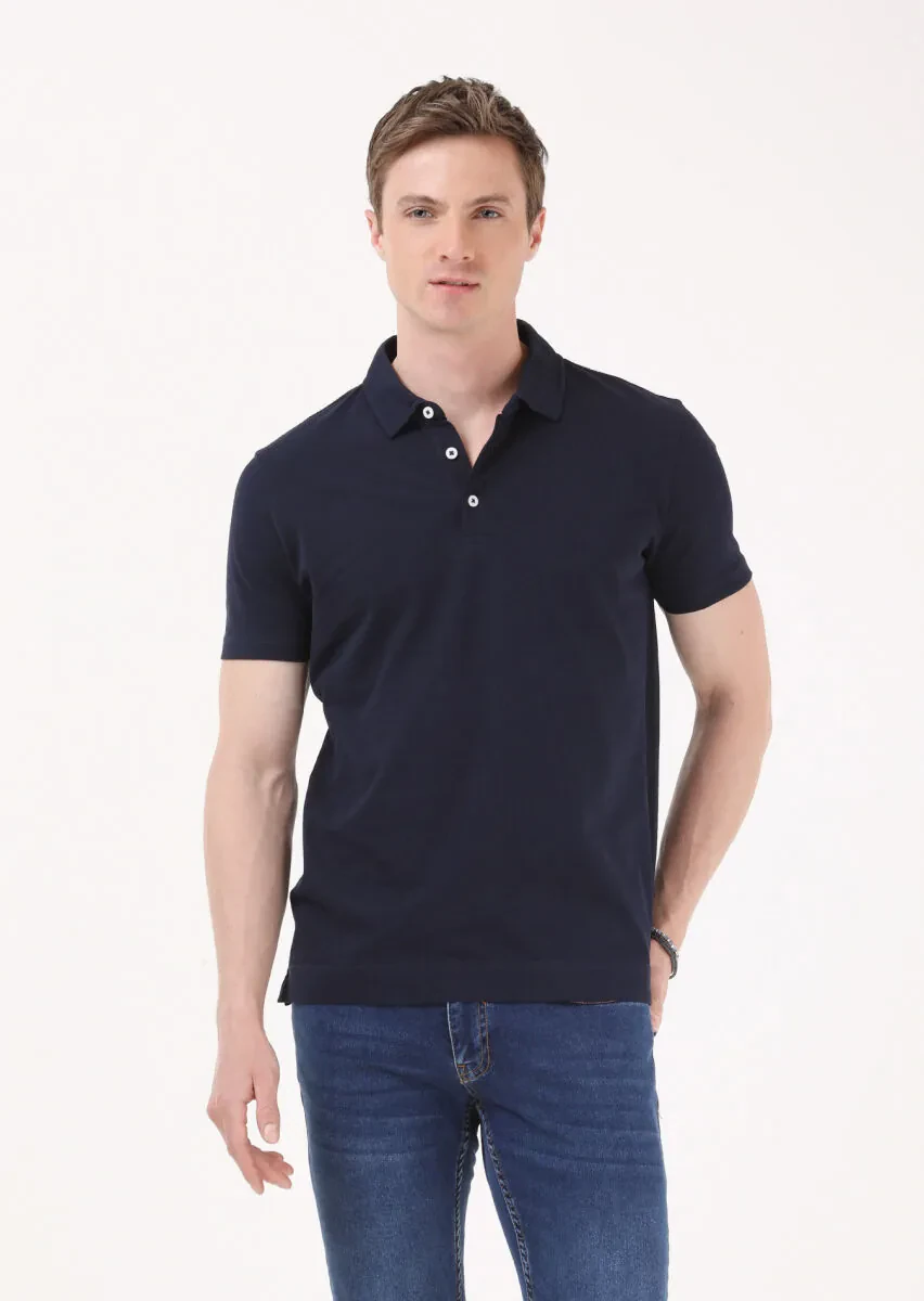Lacivert Jakarlı Polo Yaka %100 Pamuk T-Shirt - 4