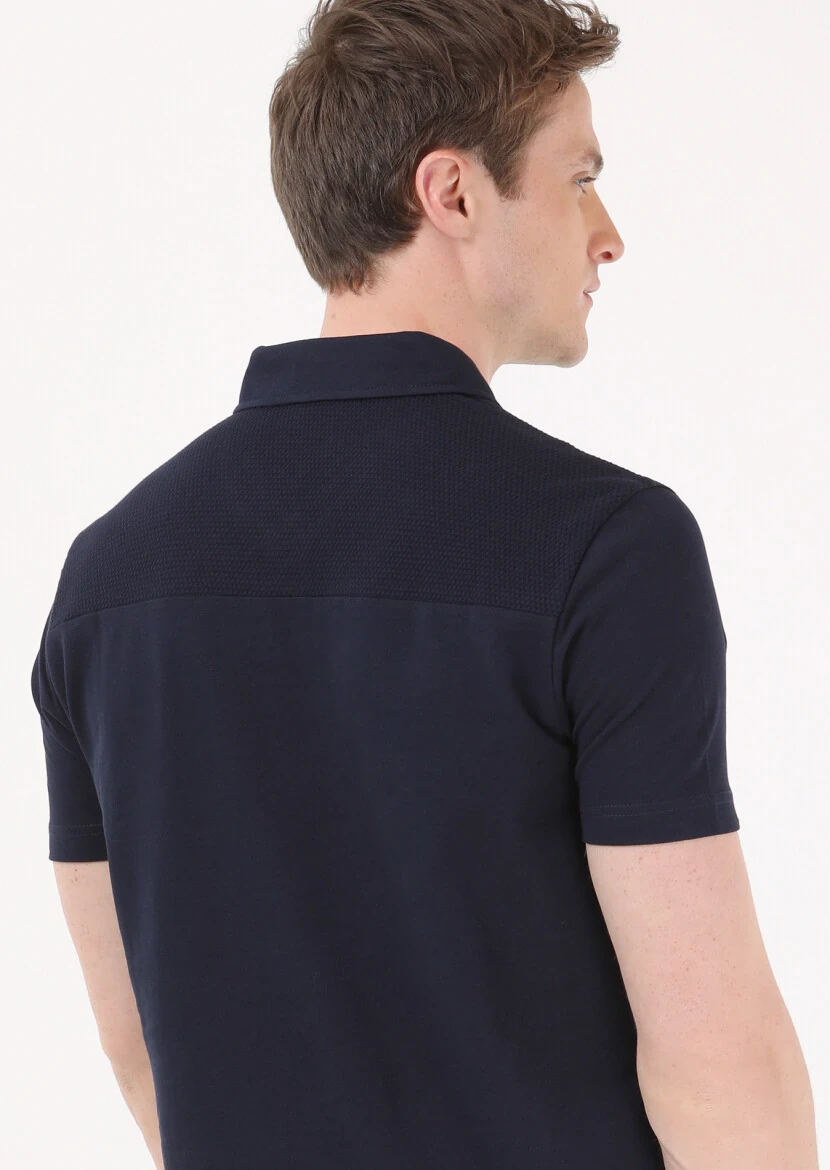 Lacivert Jakarlı Polo Yaka %100 Pamuk T-Shirt - 5