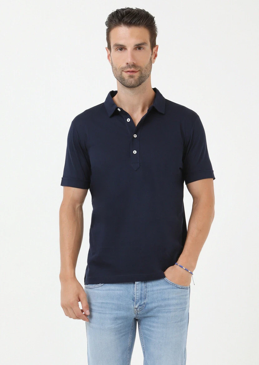 Lacivert Jakarlı Polo Yaka %100 Pamuk T-Shirt 