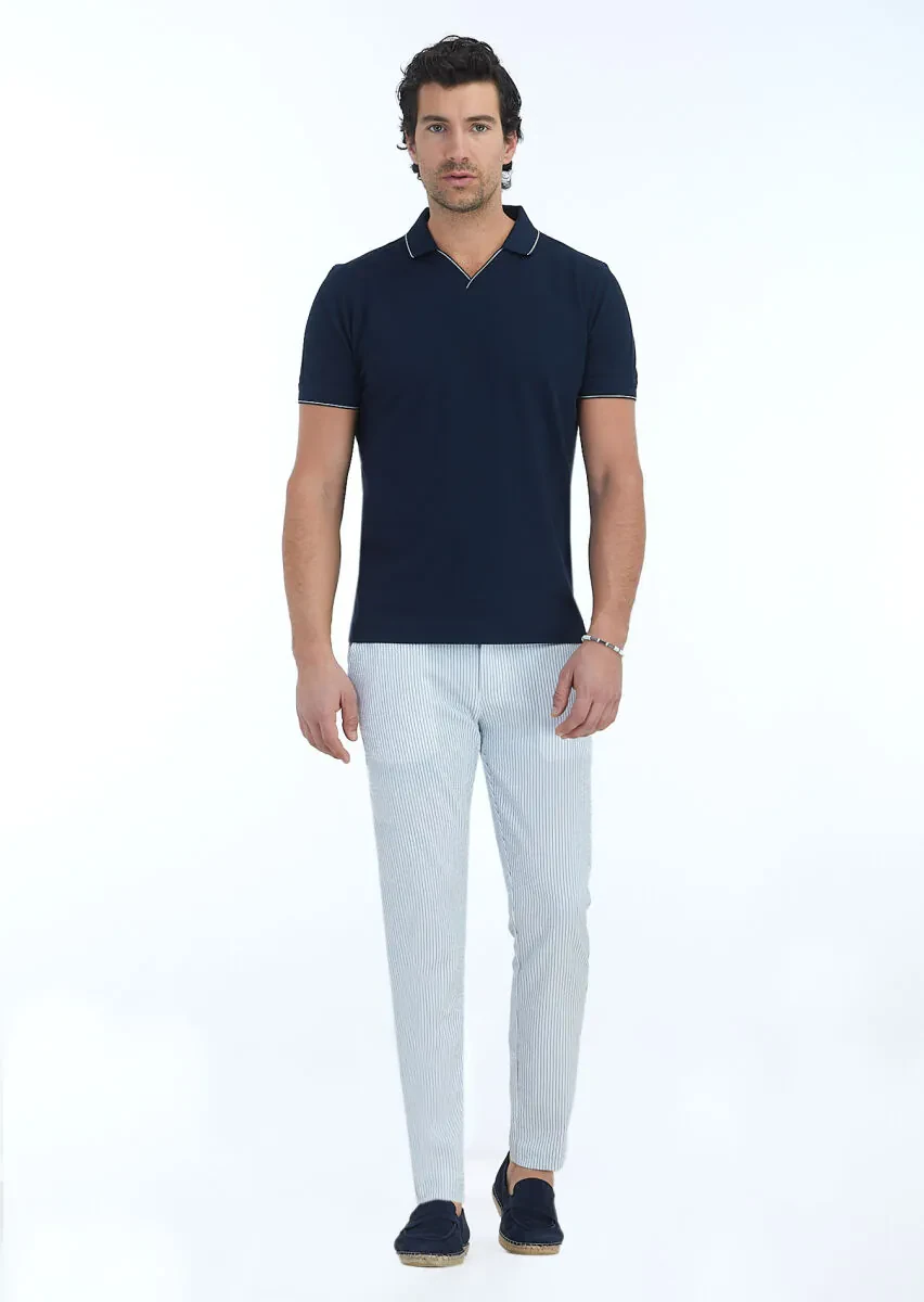 Lacivert Jakarlı Polo Yaka %100 Pamuk T-Shirt - 1