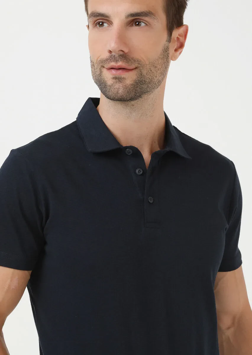 Lacivert Jakarlı Polo Yaka %100 Pamuk T-Shirt - 3