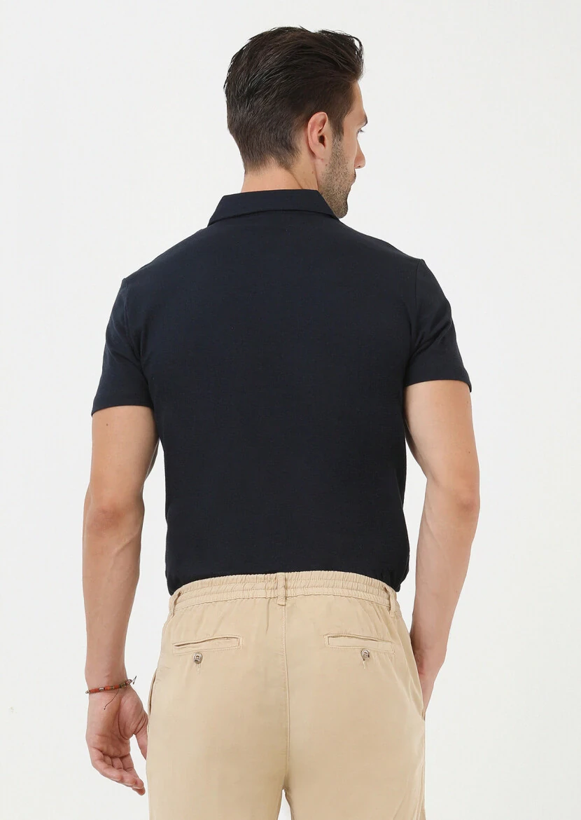 Lacivert Jakarlı Polo Yaka %100 Pamuk T-Shirt - 4