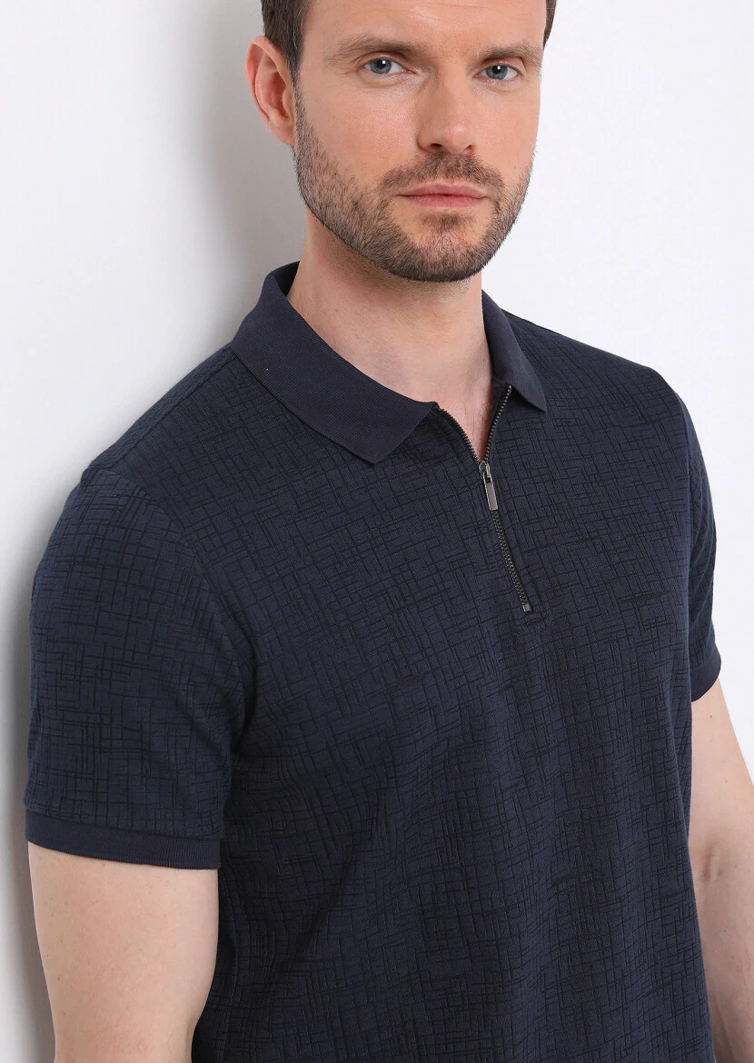 Lacivert Jakarlı Polo Yaka Pamuk Karışımlı T-Shirt 