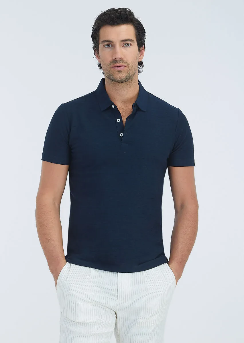 Lacivert Jakarlı Polo Yaka Pamuk Karışımlı T-Shirt - 2