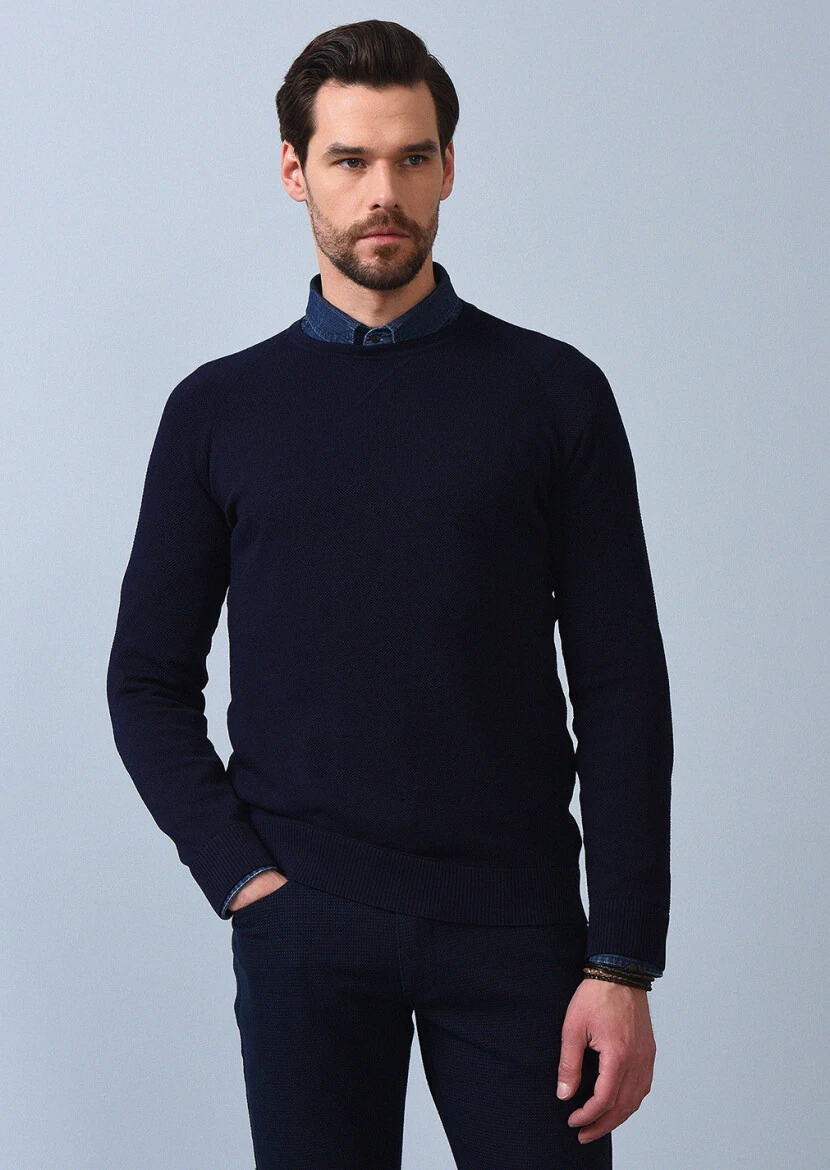 Lacivert Jakarlı Triko Kazak - 1