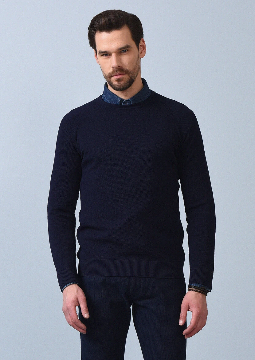 Lacivert Jakarlı Triko Kazak - 3