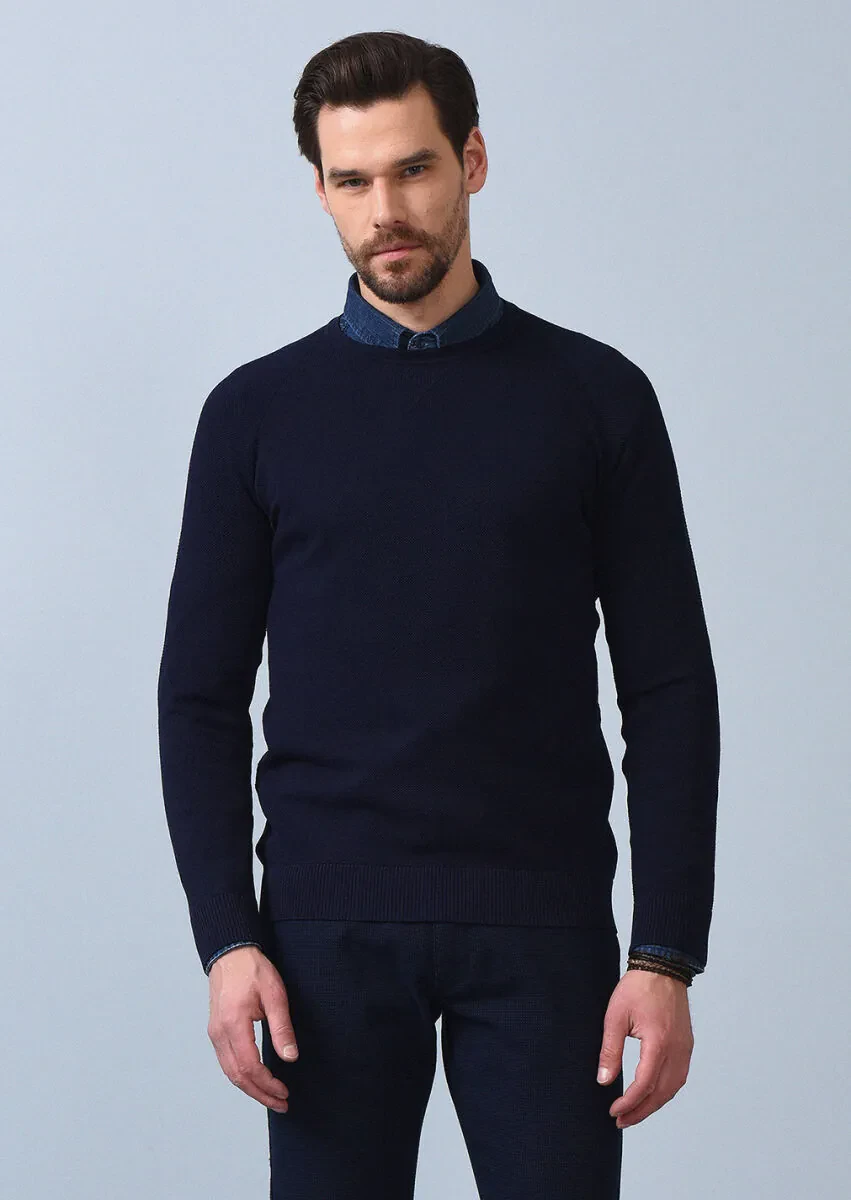 Lacivert Jakarlı Triko Kazak - 3