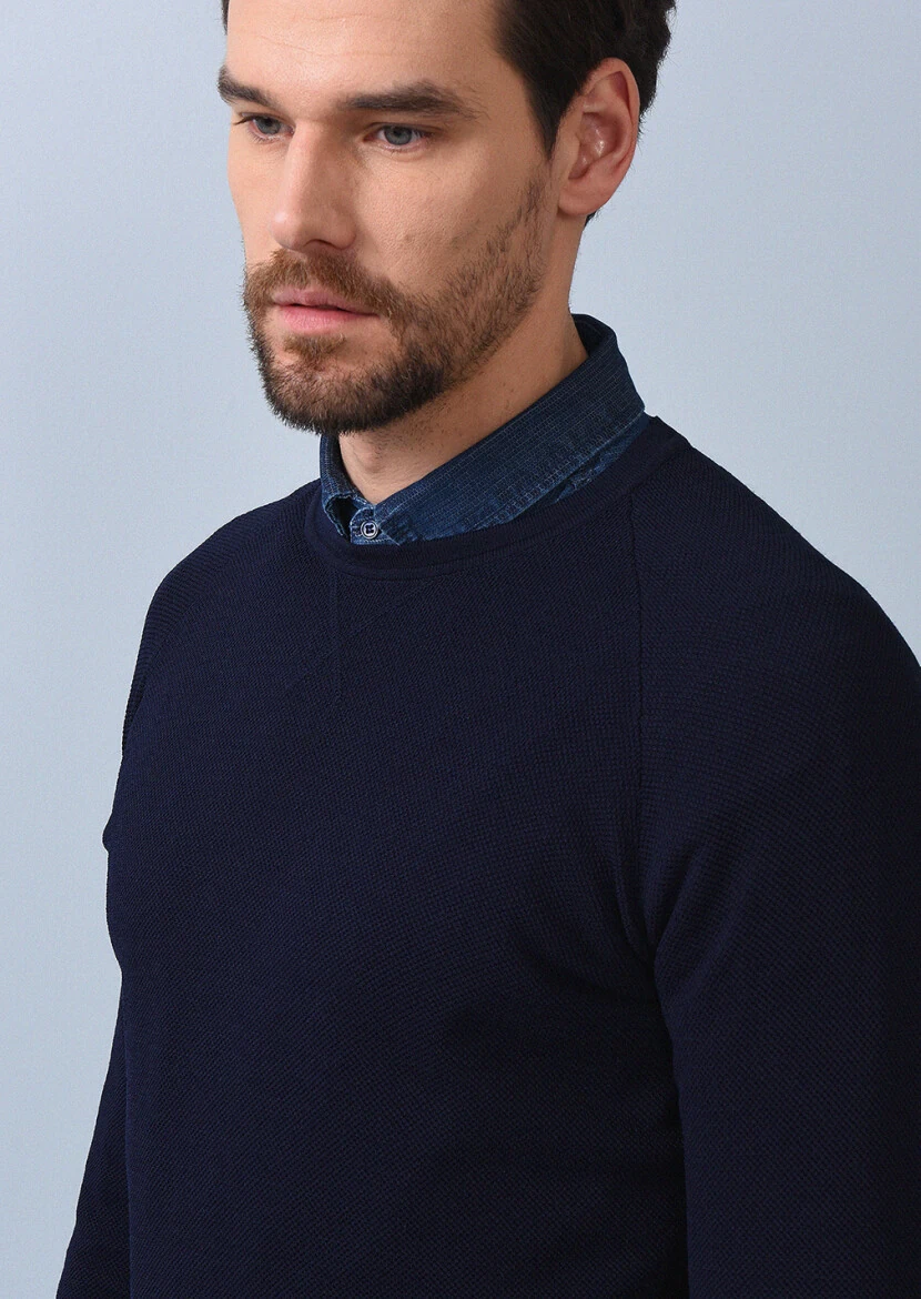 Lacivert Jakarlı Triko Kazak - 4