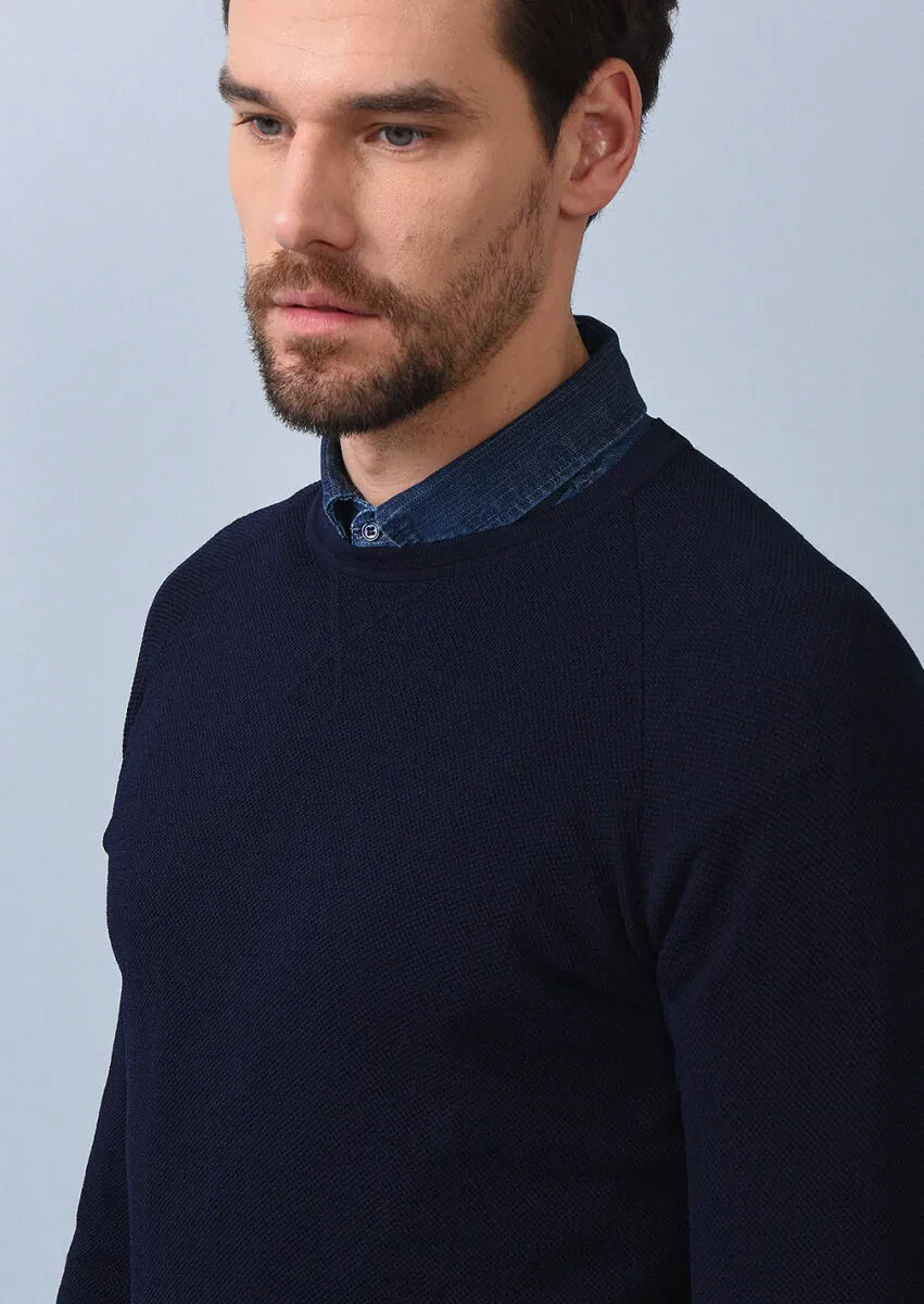 Lacivert Jakarlı Triko Kazak - 4