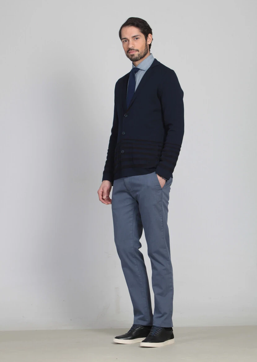 Lacivert Jakarlı Yün Karışımlı Hırka - 1