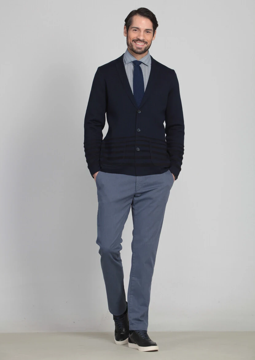 Lacivert Jakarlı Yün Karışımlı Hırka - 3