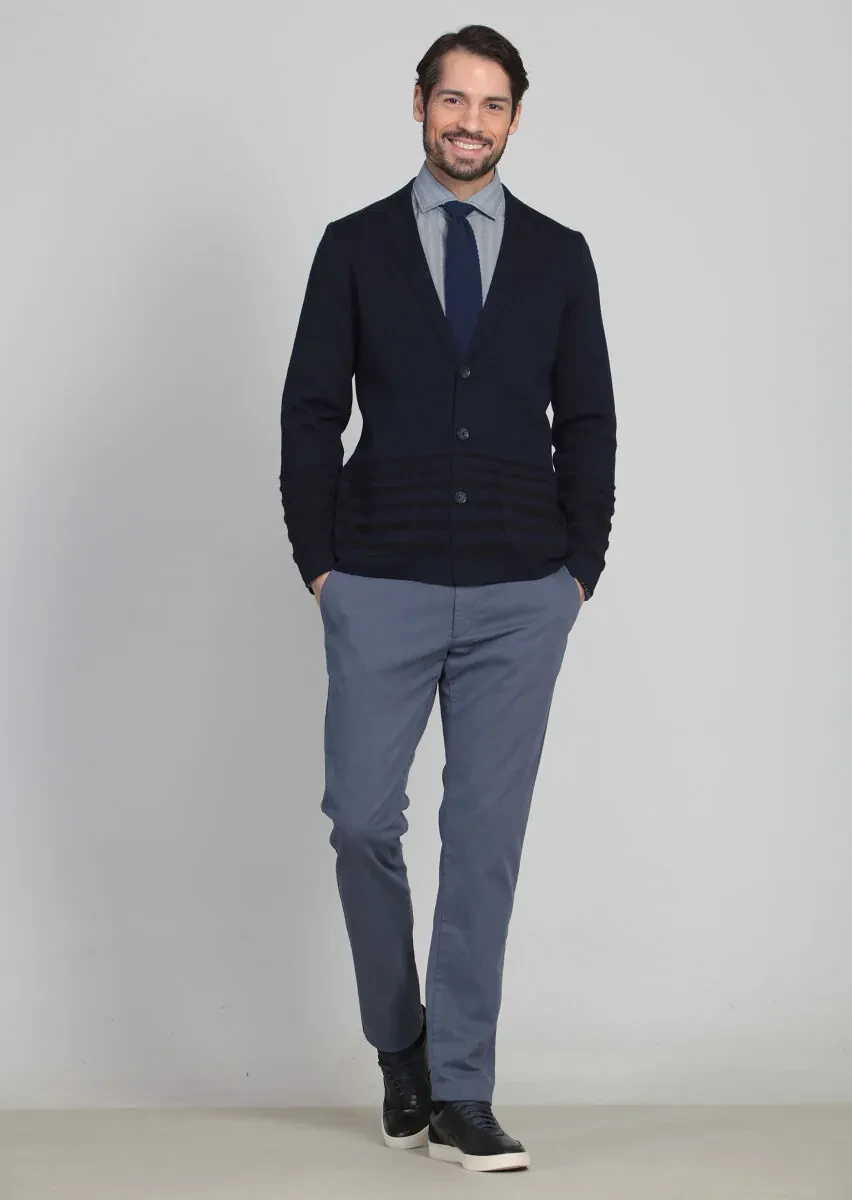 Lacivert Jakarlı Yün Karışımlı Hırka - 3