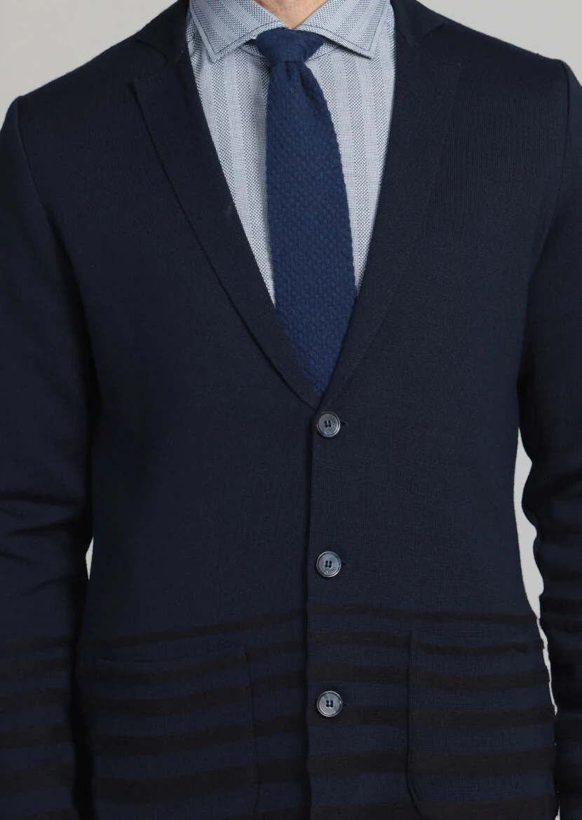 Lacivert Jakarlı Yün Karışımlı Hırka - 4