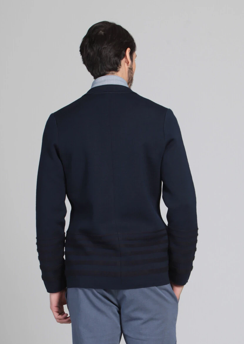 Lacivert Jakarlı Yün Karışımlı Hırka - 5