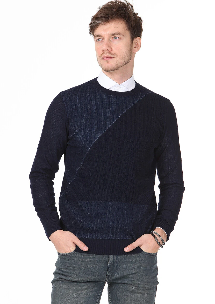 Lacivert Jakarlı Yün Karışımlı Triko Kazak - 1