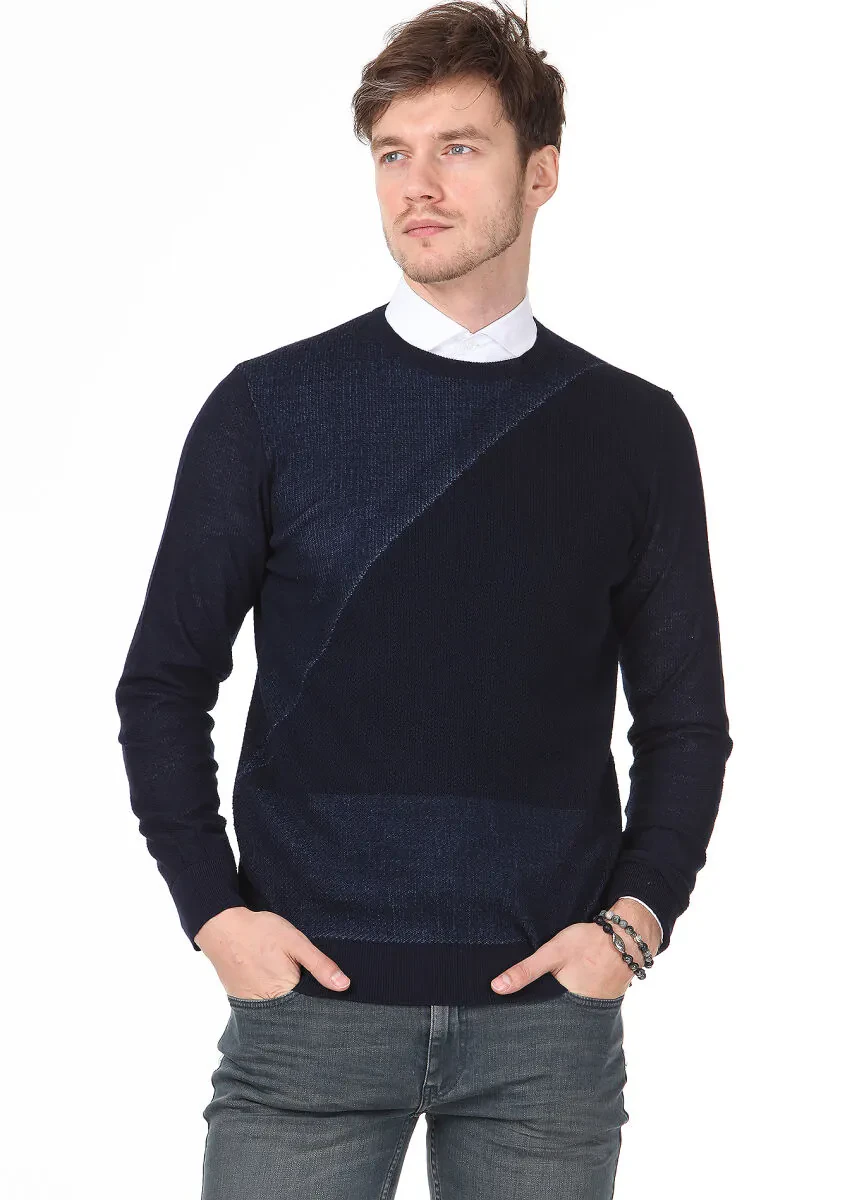 Lacivert Jakarlı Yün Karışımlı Triko Kazak - 1