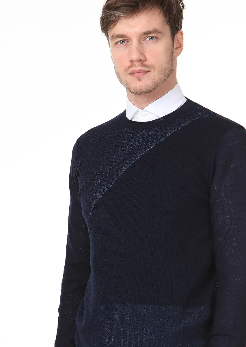 Lacivert Jakarlı Yün Karışımlı Triko Kazak - 2