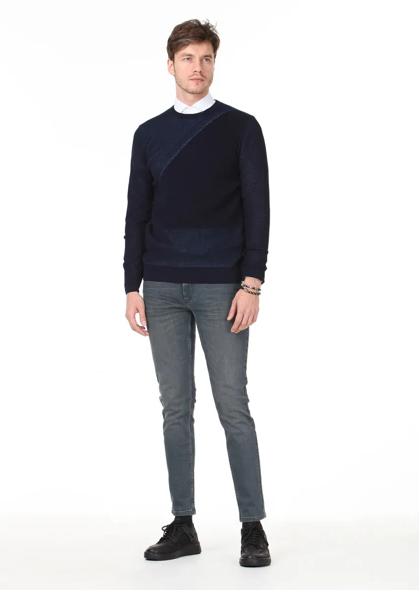 Lacivert Jakarlı Yün Karışımlı Triko Kazak - 3