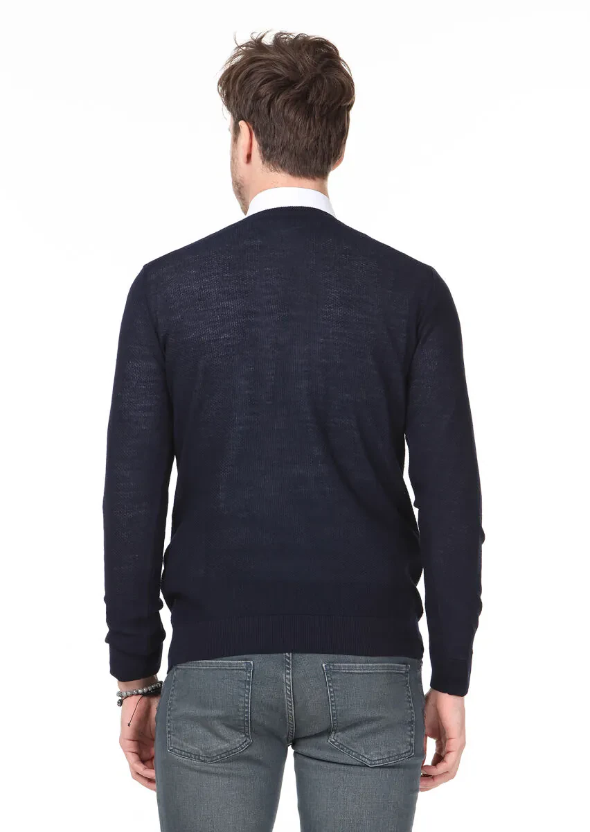 Lacivert Jakarlı Yün Karışımlı Triko Kazak - 4