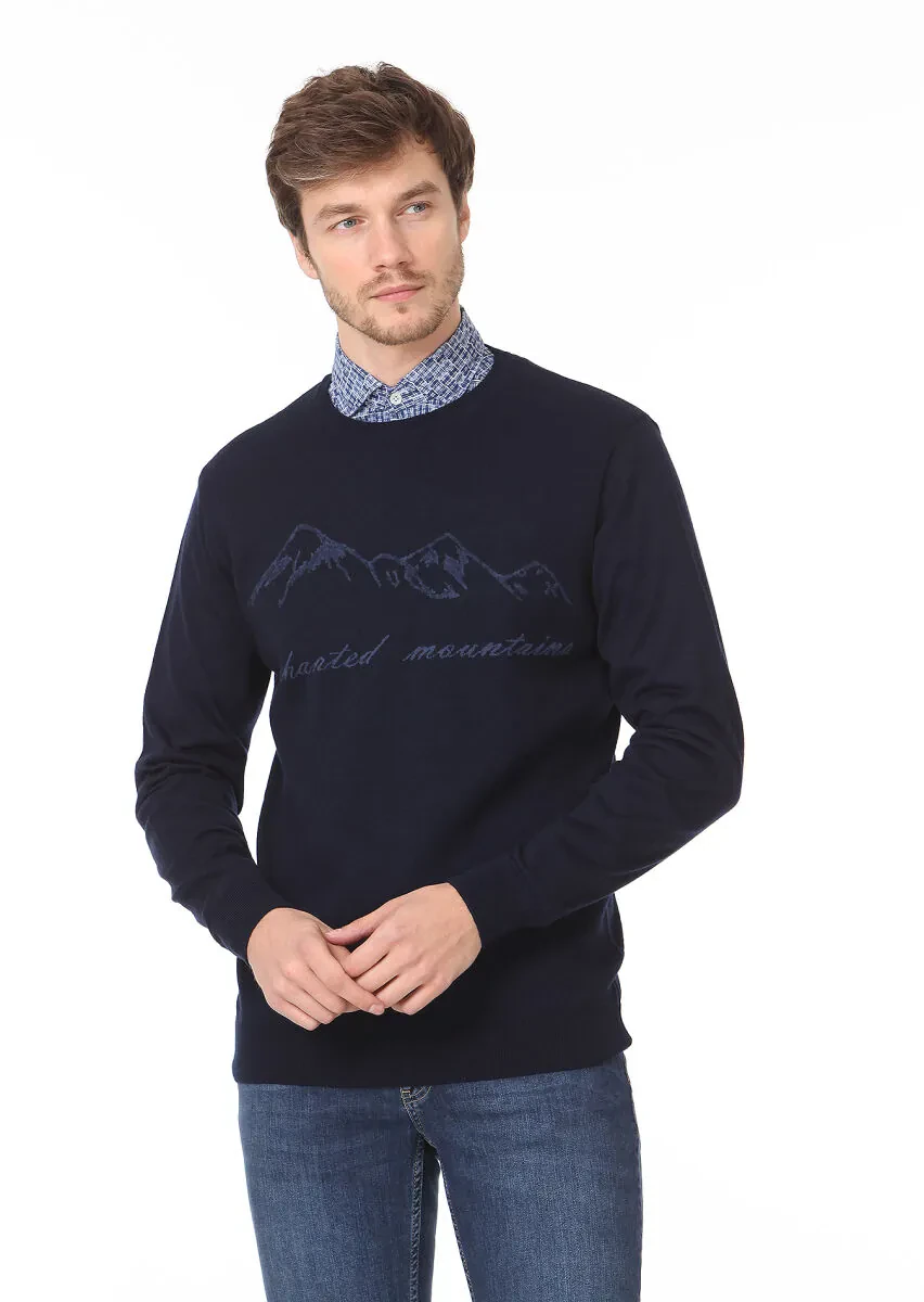 Lacivert Jakarlı Yün Karışımlı Triko Kazak - 1