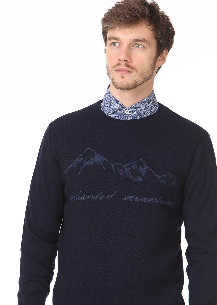 Lacivert Jakarlı Yün Karışımlı Triko Kazak 