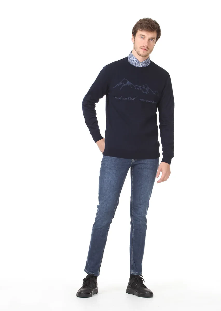 Lacivert Jakarlı Yün Karışımlı Triko Kazak - 3