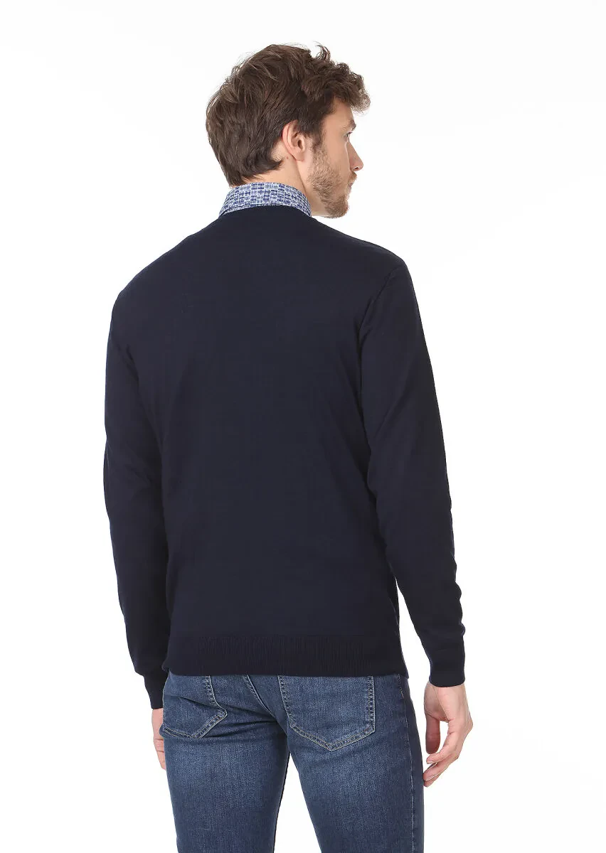 Lacivert Jakarlı Yün Karışımlı Triko Kazak - 4