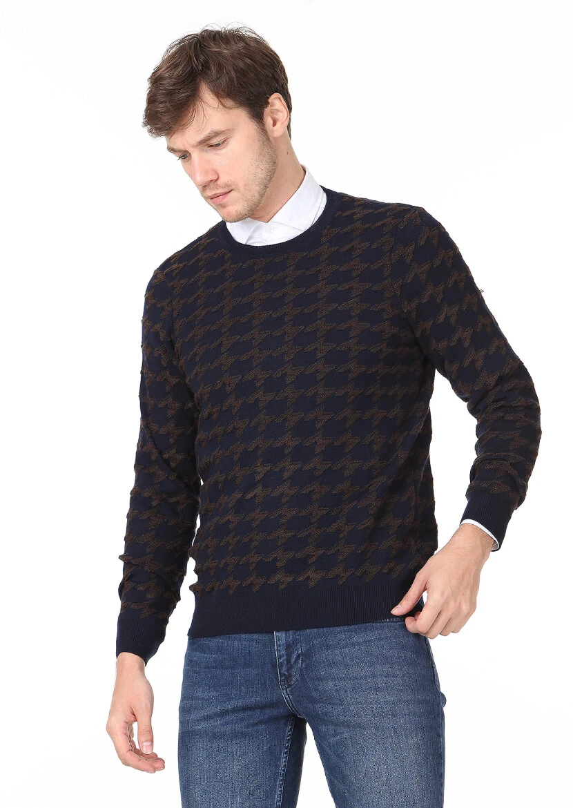 Lacivert Jakarlı Yün Karışımlı Triko Kazak - 1