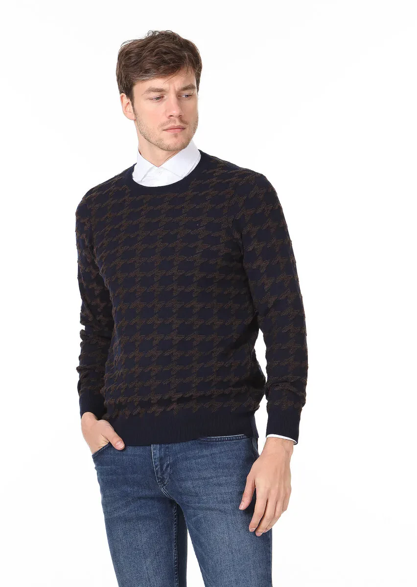 Lacivert Jakarlı Yün Karışımlı Triko Kazak - 2