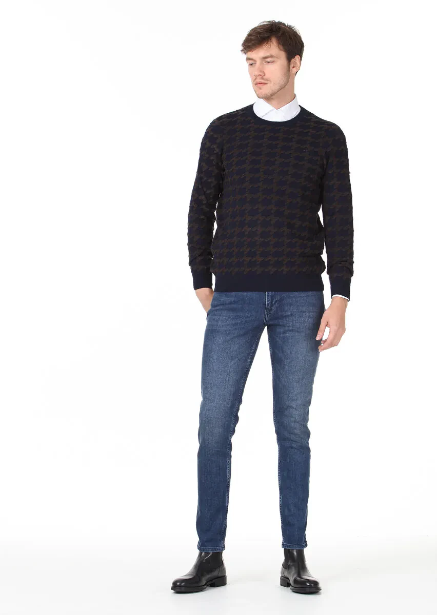 Lacivert Jakarlı Yün Karışımlı Triko Kazak - 3