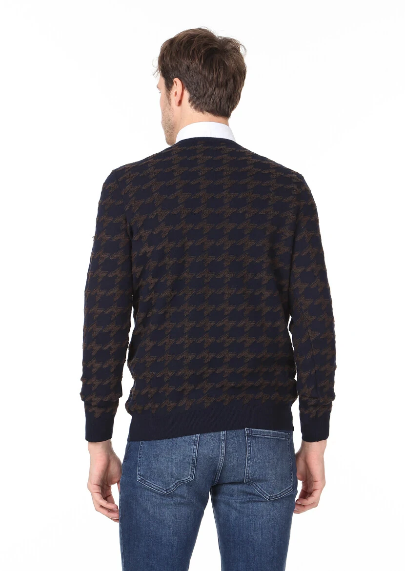 Lacivert Jakarlı Yün Karışımlı Triko Kazak - 4