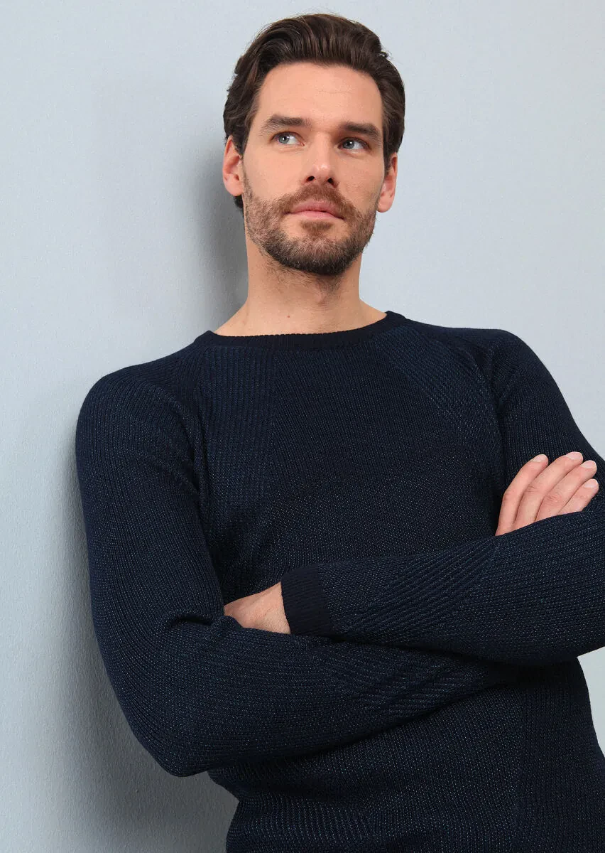 Lacivert Jakarlı Yün Karışımlı Triko Kazak - 1