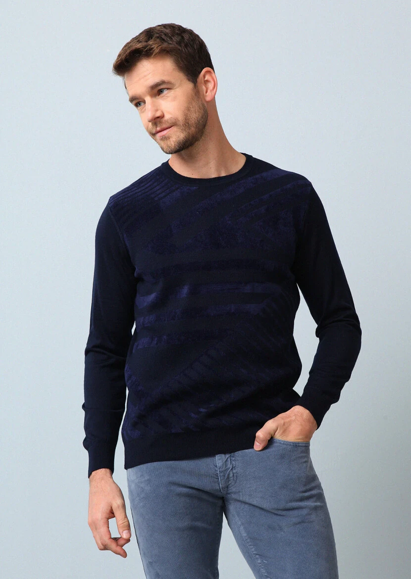 Lacivert Jakarlı Yün Karışımlı Triko Kazak 