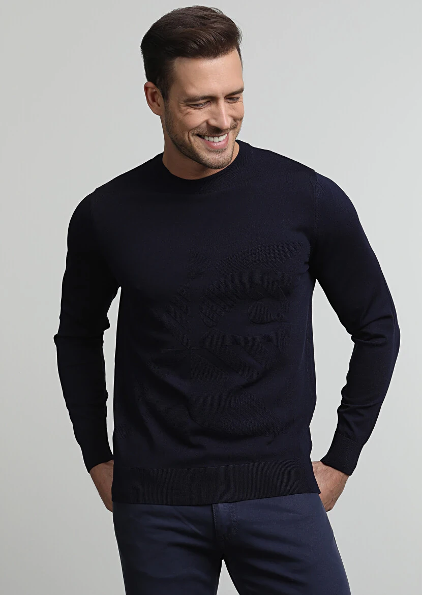 Lacivert Jakarlı Yün Karışımlı Triko Kazak - 1