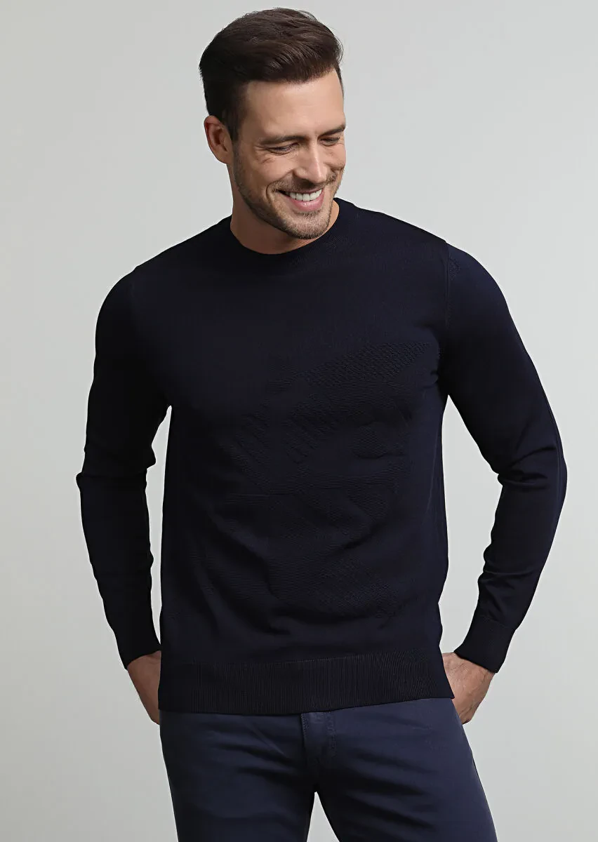 Lacivert Jakarlı Yün Karışımlı Triko Kazak - 1