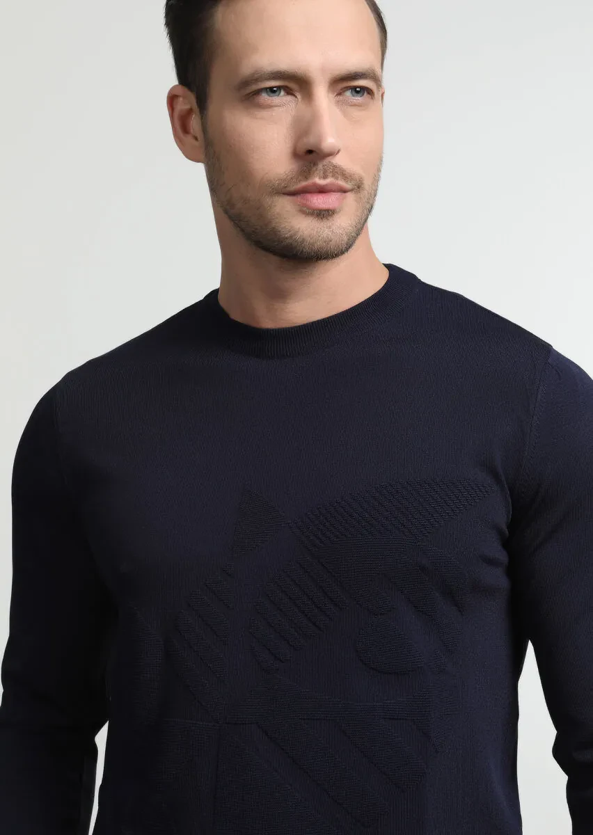 Lacivert Jakarlı Yün Karışımlı Triko Kazak - 2