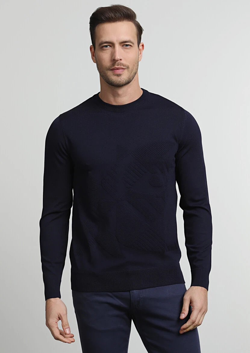 Lacivert Jakarlı Yün Karışımlı Triko Kazak - 3