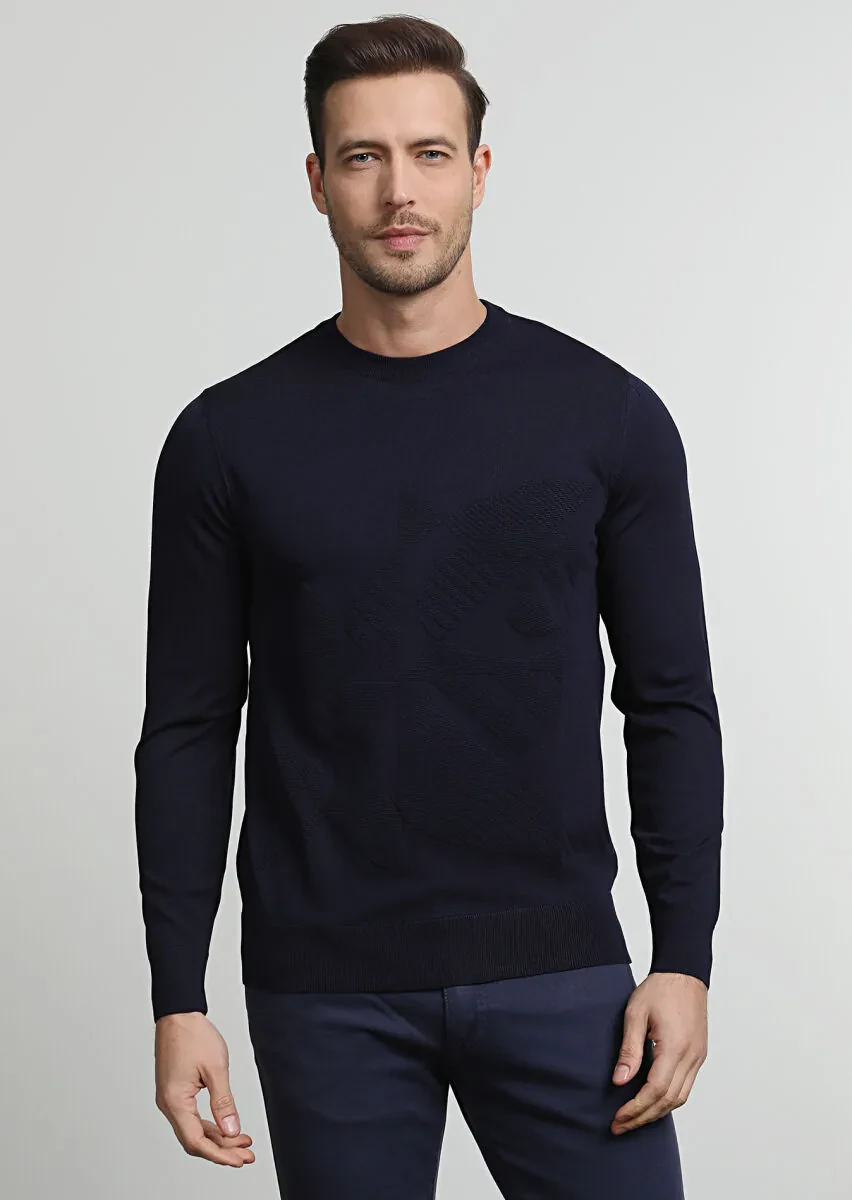 Lacivert Jakarlı Yün Karışımlı Triko Kazak - 3