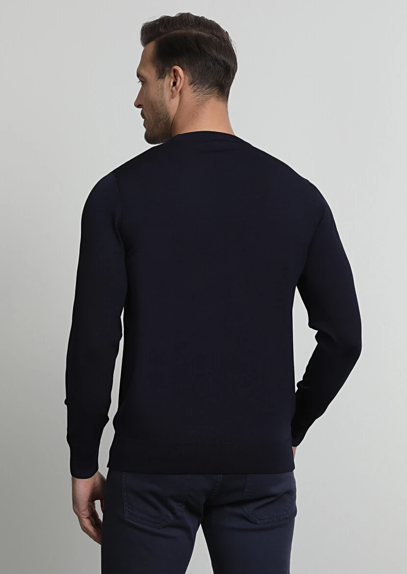 Lacivert Jakarlı Yün Karışımlı Triko Kazak - 4