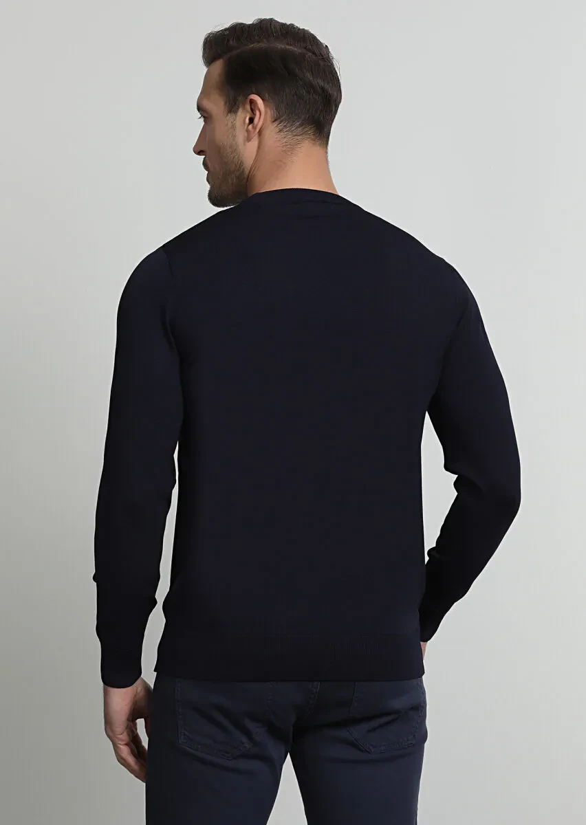 Lacivert Jakarlı Yün Karışımlı Triko Kazak - 4