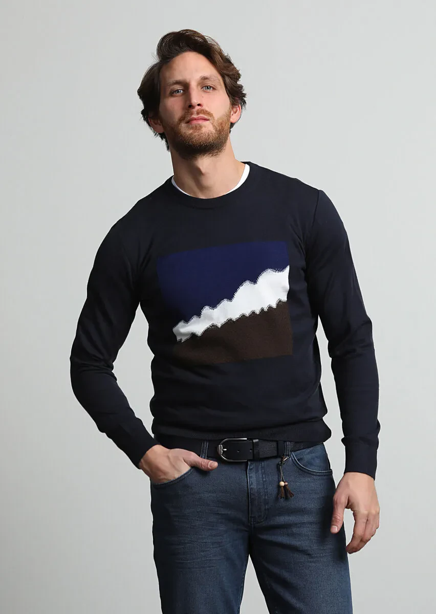 Lacivert Jakarlı Yün Karışımlı Triko Kazak - 1