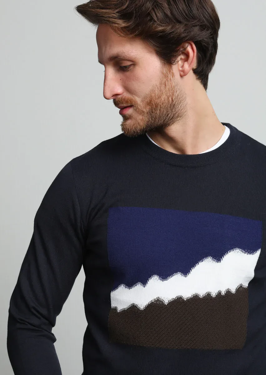 Lacivert Jakarlı Yün Karışımlı Triko Kazak - 2