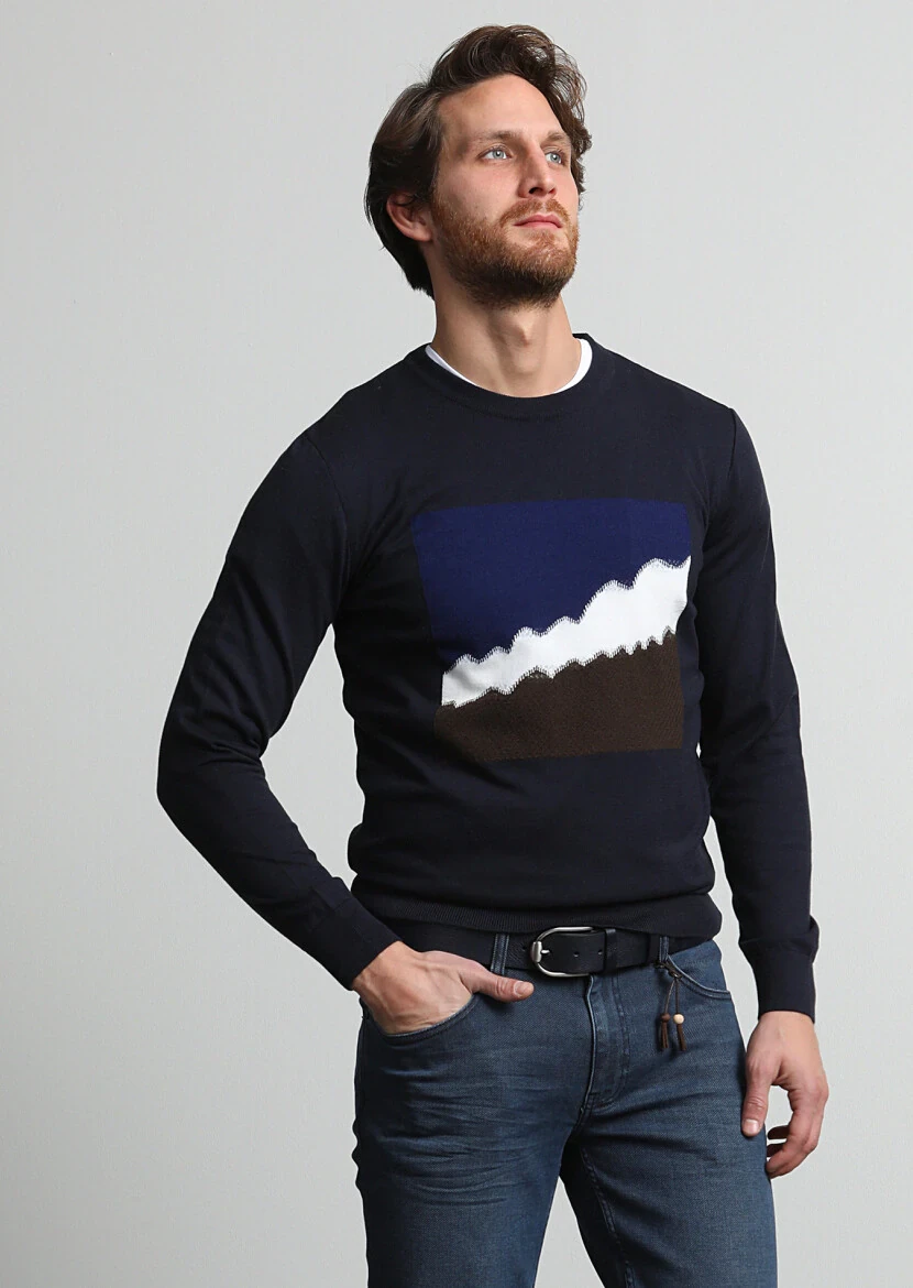 Lacivert Jakarlı Yün Karışımlı Triko Kazak - 3