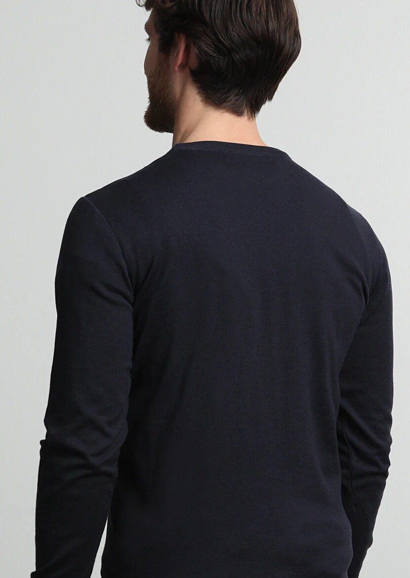 Lacivert Jakarlı Yün Karışımlı Triko Kazak - 4