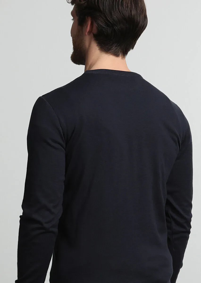 Lacivert Jakarlı Yün Karışımlı Triko Kazak - 4