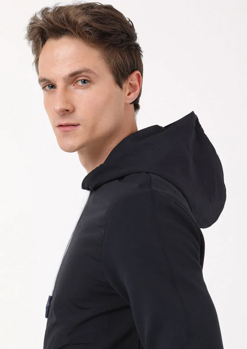 Lacivert Kapüşonlu Düz Sweatshırt - 4