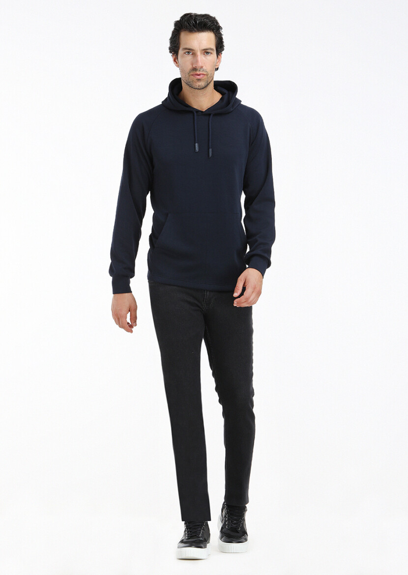 Lacivert Kapüşonlu Düz Sweatshırt - 1
