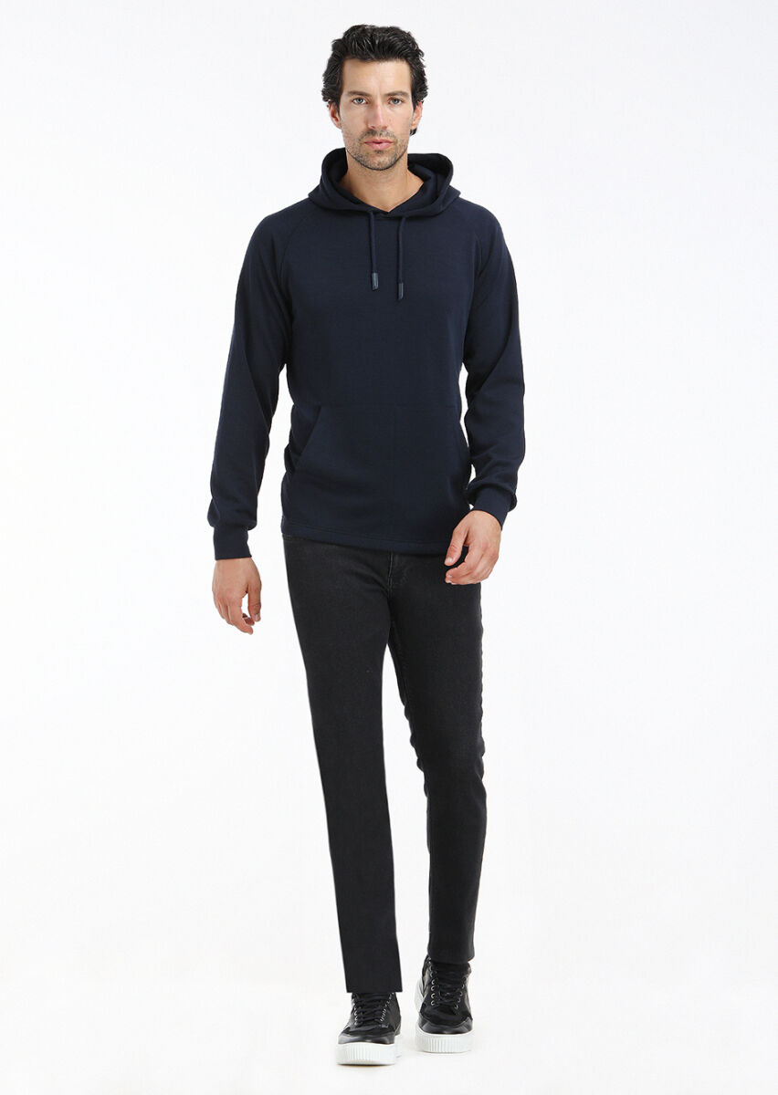 Lacivert Kapüşonlu Düz Sweatshırt - 1